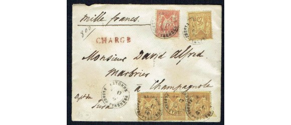 France - n° 92 et 94 - 25c Bistre et 40c Orange SAGE - Lettre Chargée à 1000f.